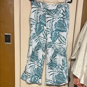 100% linen wide leg Tropical Leaf Print Pants